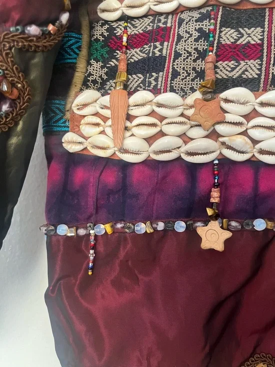 One of a kind. Patchwork Embellished Multicolor Bomber Jacket with Shell Accents - Picture 7 of 16